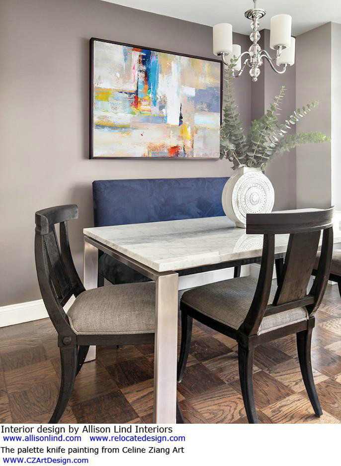 Horizontal Palette Knife Contemporary Art,Huge Abstract Canvas Art,White,Grey,Yellow,Blue,Red.etc
